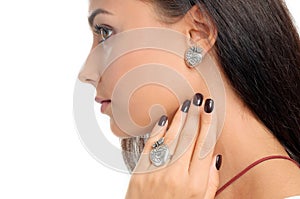 Close-up studio portrait model demonstrate stylish finger ring a