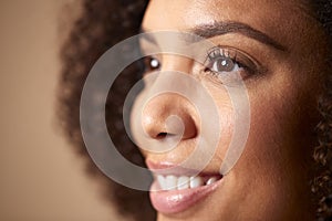 Close Up Studio Portrait Shot Face And Eyes Of Confident Natural Woman 