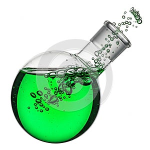 Round Bottom Flask with Green Liquid and Bubbles on White Background laboratory flask