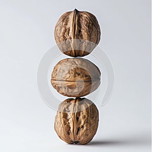 Three whole walnuts stacked vertically on a white background