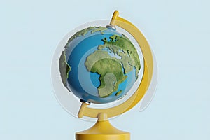 A Stylized Globe of Earth on a Yellow Stand Against a Light Blue Background