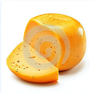 A close up shot of a round cheese with a triangular slice cut out on a white background in a studio shot