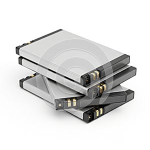 Stack of Silver Rectangular Lithium- Ion Batteries with Gold Connectors on White Background