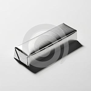 A single rectangular object wrapped in shiny silver foil casting a shadow on a white background