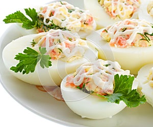 Close-up stuffed eggs with trout