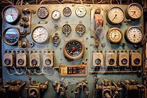 close-up of submarine control panel with buttons and dials