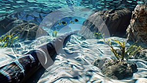 Close-up of subsea pipeline with coral, fish, creating vibrant underwater scene., generative ai