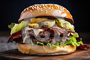 Close-up of a succulent and juicy Churrasco burger topped with melted cheese, crispy bacon, and fresh lettuce