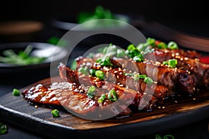 Close up of succulent and juicy roasted barbecue pork ribs with mouthwatering slices of tender meat