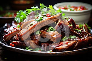 Close up of succulent roasted barbecue pork ribs, perfectly sliced and oozing with juicy goodness