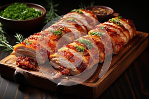 Close up of succulent and tender roasted barbecue pork ribs with mouthwatering slices of meat