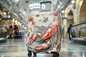 Close-up of a suitcase with a red lobster, travel and airport photo