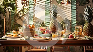 A close-up of a Sukkah table set with festive dinnerware