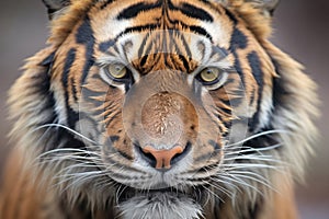 close-up of sumatran tigers face with intense gaze