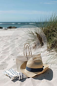 Close-up of a summer beach bag and hat on a sandy beach