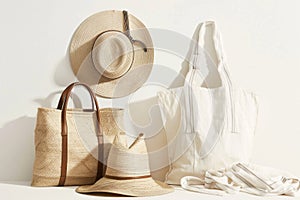 Close-up of a summer beach bag and hat on a sandy beach