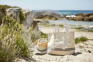 Close-up of a summer beach bag and hat on a sandy beach