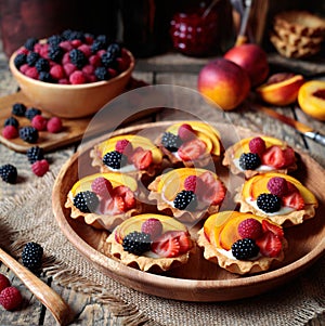 Close up. Summer delicious dessert with various fruits. Fresh berry tartlet or cake with vanilla custard, raspberry