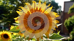Close-up of a sunflower with seeds on the background of a field with half sunflowers, sunny day, harvesting