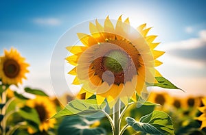 Close-up of a sunflower with sun rays