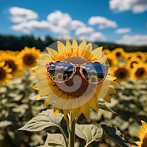 Close-up of sunflower with sunglasses. Flower filed under blue sky on sunny day. Concept of nature, summer season