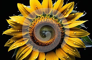 Close-up of a sunflower with water drops