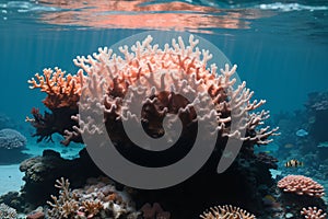 Close-up of a sunlit coral reef under the water