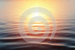 Close-up of the sunset at the sea. Calm surface of dark blue water and yellow-red reflex from the sun, outdoors.