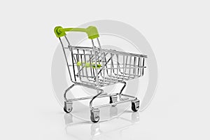 Close up of supermarket grocery push cart for shopping with black wheels on white background. Concept of shopping.