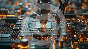 Close-up surface-mounting machine in progress. SMT (surface-mount technology) is a method for producing