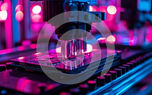 Close-up surface-mounting machine in progress. SMT (surface-mount technology) is a method for producing