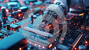 Close-up surface-mounting machine in progress. SMT (surface-mount technology) is a method for producing