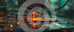 Close-up surface-mounting machine in progress. SMT (surface-mount technology) is a method for producing