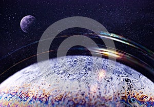 Close up surface of soap bubble seems like planet in space night starry sky and moon in a creative collage. Creative background