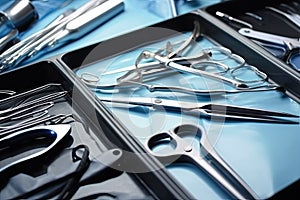 close-up of surgical tools including forceps, scalpels and retractors