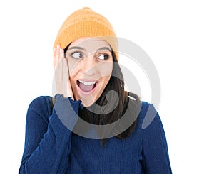 Close up surprised face of woman isolated on white background. Astonished girl. Amazement concept