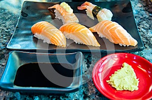 Close up sushi fresh salmon. Japanese food for healthy.salmon sushi. salmon sushi, premium sushi menu.