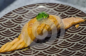 Close up sushi fresh salmon. Japanese food for healthy.salmon sushi. salmon sushi