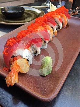 Close up of sushi on plate in restaurant