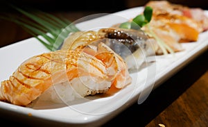 Close up Sushi Set sashimi at japanese restuarant.