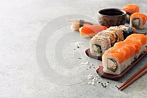 Close up Sushi Set, Soy Sauce, Ginger and Chopstiks