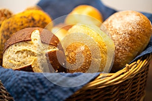 Close-Up of Swabian german Bread Basket with organic Baked Goods on Bakery Counter