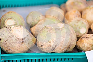 Close up of swede or turnip at street market