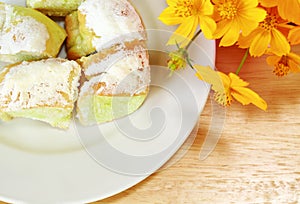 Close up sweet butter bread of dish on wooden table.
