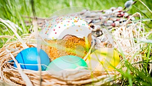 Close-up of sweet Easter cakes with colorful eggs among spring grass