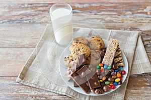 Close up of sweet food and milk glass on table