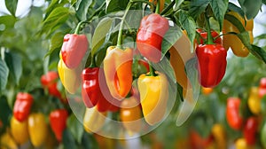 Close-up of sweet pepper cultivation in greenhouse, vegetables background