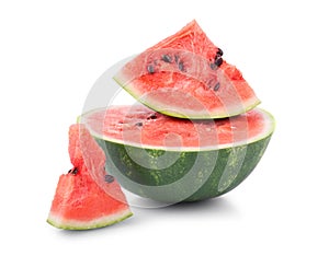 Close-up of a sweet, raw and juicy watermelon, isolated on a white background. Nutritious and organic vitamins. Summer harvest.