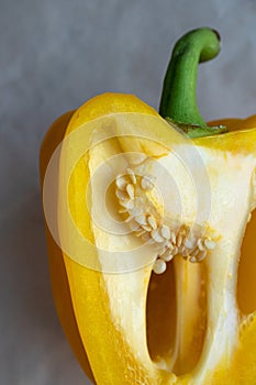 Close-up of inner walls of sweet yellow paprika cut photo