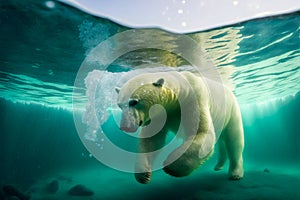 Close-up of a swimming white polar bear underwater looking at the camera. International polar bear day.